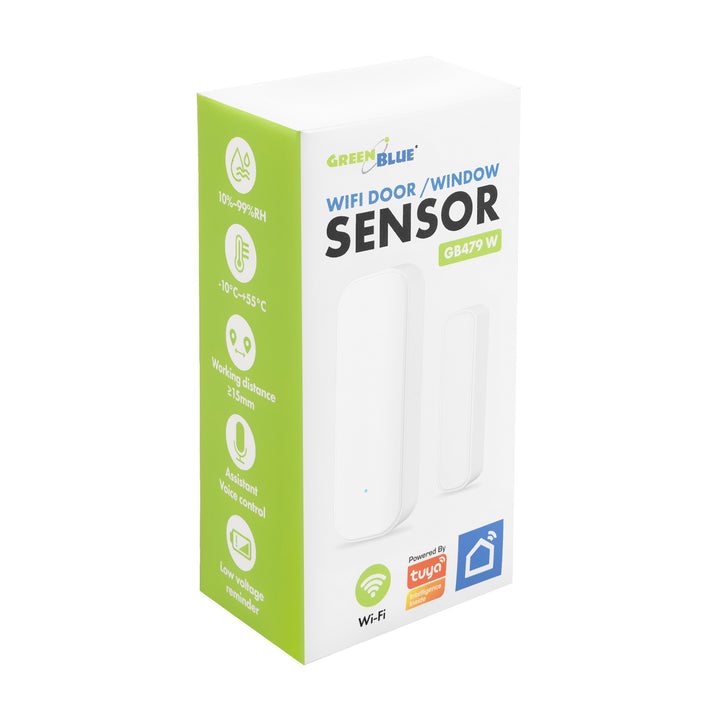 Bezprzewodowy kontraktron / czujnik otwarcia WiFi GreenBlue, Android/iOS, do drzwi / okien, 3.0V DC, LR03x2, GB479 W, 2 komplety