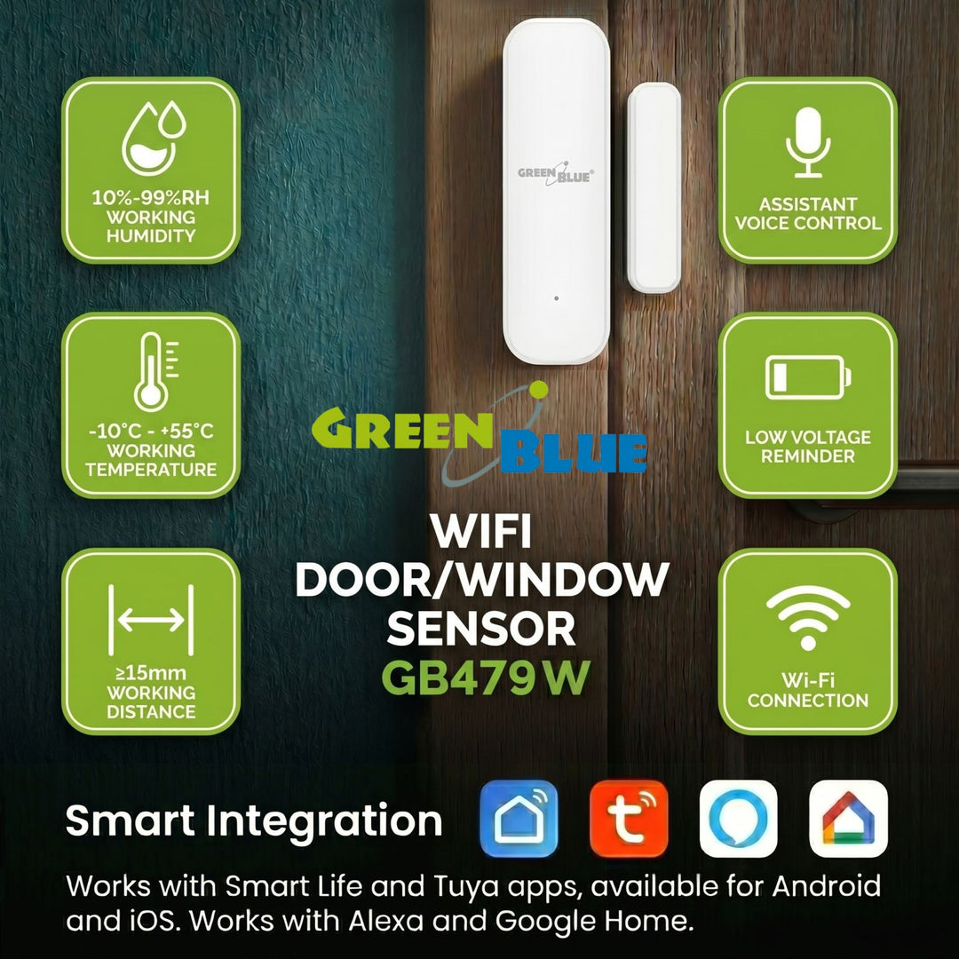 Bezprzewodowy kontraktron / czujnik otwarcia WiFi GreenBlue, Android/iOS, do drzwi / okien, 3.0V DC, LR03x2, GB479 W, 2 komplety