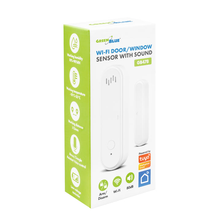 Bezprzewodowy kontraktron / czujnik otwarcia WiFi GreenBlue, Android/iOS, do drzwi / okien, 3.0V DC, LR03x2, z alarmem, GB478, 2 komplety