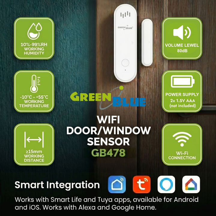 Bezprzewodowy kontraktron / czujnik otwarcia WiFi GreenBlue, Android/iOS, do drzwi / okien, 3.0V DC, LR03x2, z alarmem, GB478, 2 komplety