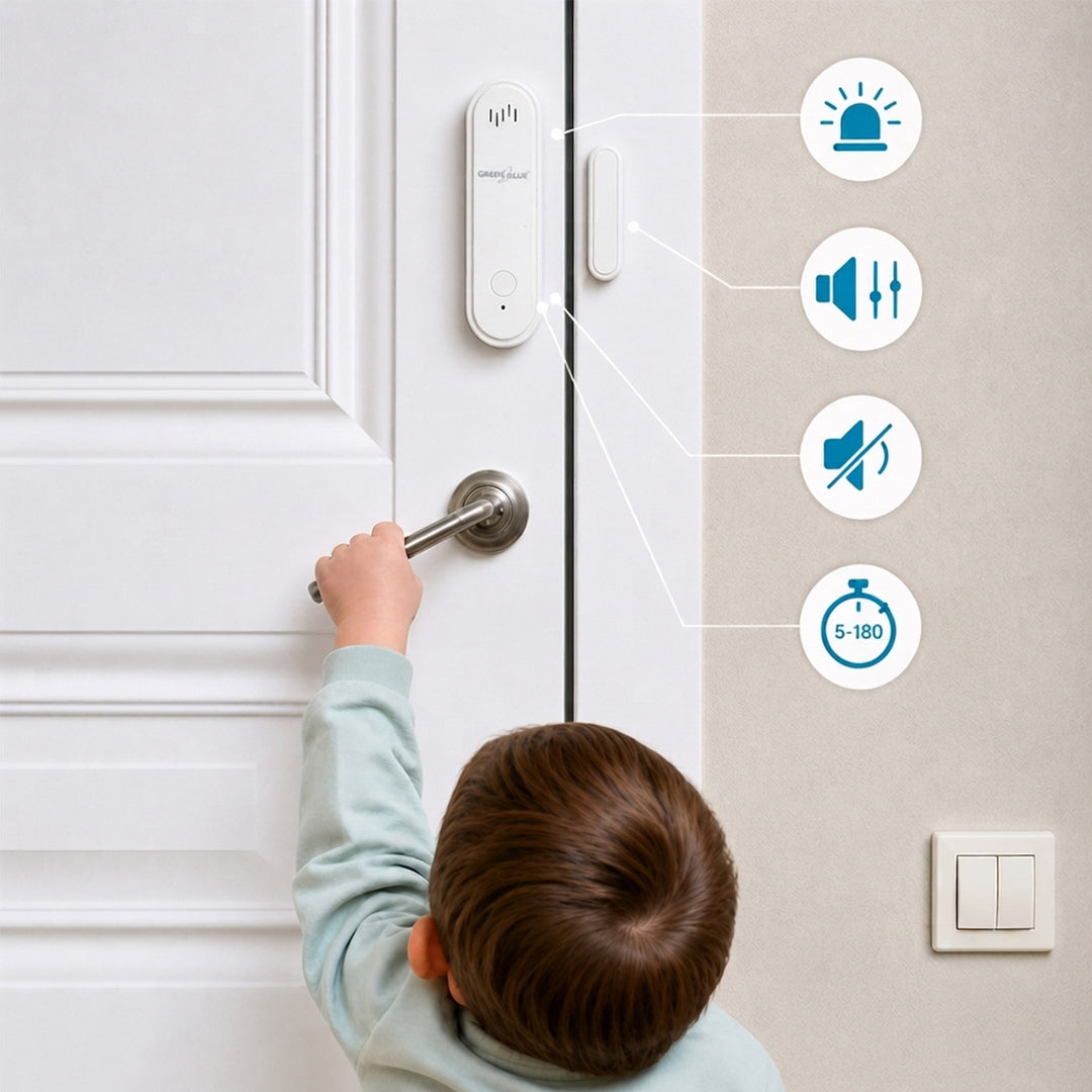 Bezprzewodowy kontraktron / czujnik otwarcia WiFi GreenBlue, Android/iOS, do drzwi / okien, 3.0V DC, LR03x2, z alarmem, GB478, 2 komplety