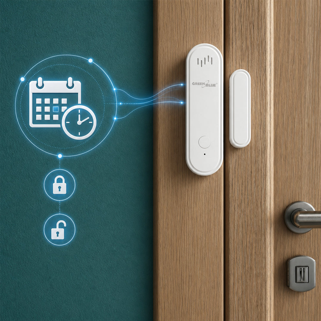 Bezprzewodowy kontraktron / czujnik otwarcia WiFi GreenBlue, Android/iOS, do drzwi / okien, 3.0V DC, LR03x2, z alarmem, GB478, 2 komplety