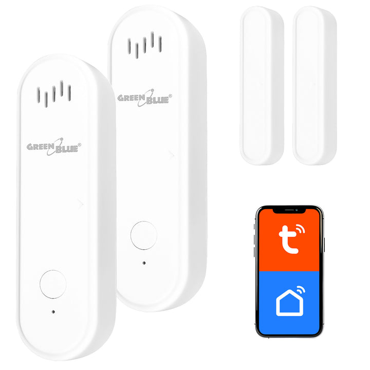 Bezprzewodowy kontraktron / czujnik otwarcia WiFi GreenBlue, Android/iOS, do drzwi / okien, 3.0V DC, LR03x2, z alarmem, GB478, 2 komplety