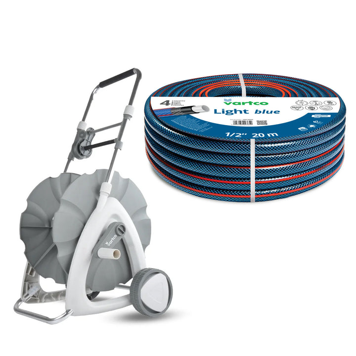 Wózek na wąż ogrodowy 1/2" 45m + Wąż ogrodowy Vartco Light Blue 1/2" 20m Agaplast
