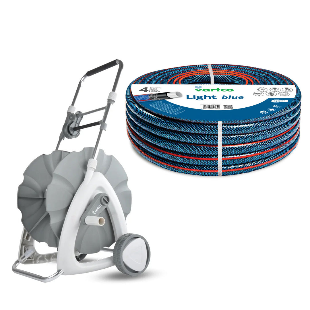 Wózek na wąż ogrodowy 1/2" 45m + Wąż ogrodowy Vartco Light Blue 1/2" 30m Agaplast