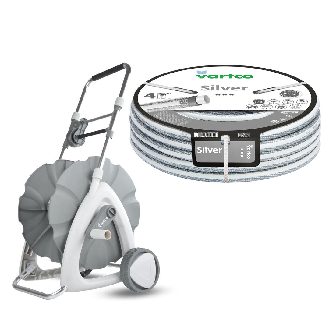 Wózek na wąż ogrodowy + wąż ogrodowy Vartco Silver 1/2" 30m Agaplast