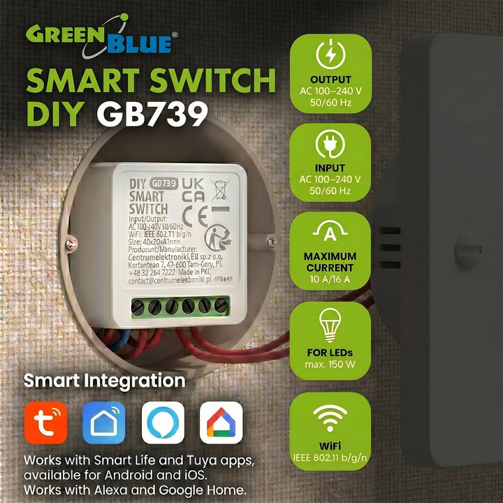 Przekaźnik WiFi dopuszkowy GreenBlue, Android/iOS/Alexa/Google Home,100-240V AC, 50/60Hz, max.16A, dla LED 150W, GB739, 3 sztuki