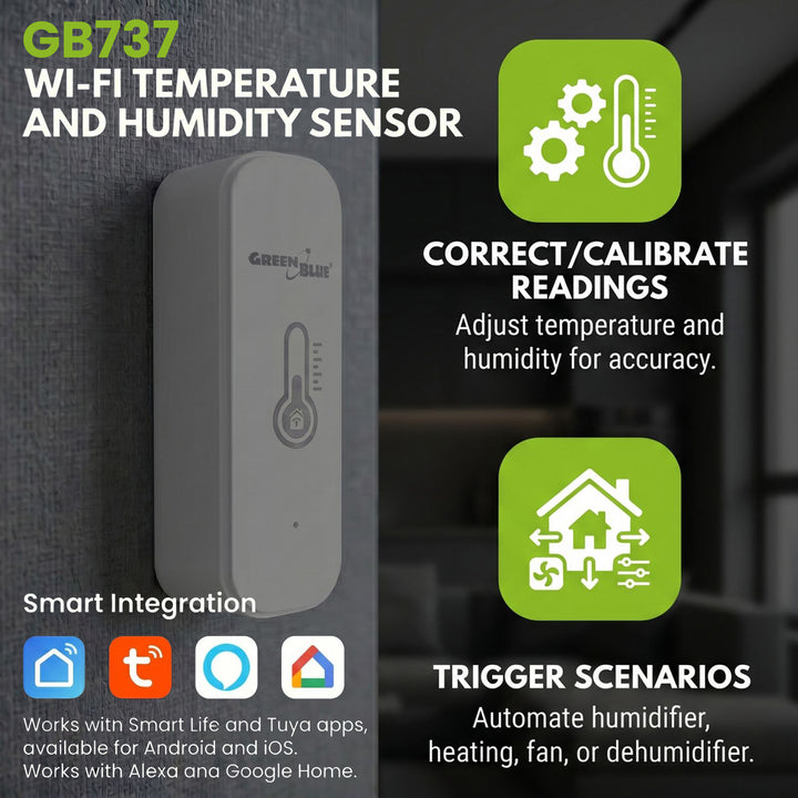 Czujnik temperatury i wilgotności WiFi GreenBlue, Android/iOS/Alexa/Google Home, 3.0V DC, LR03x2, GB737 2 sztuki + 4x bateria AAA alkaliczna Varta Industrial 4003