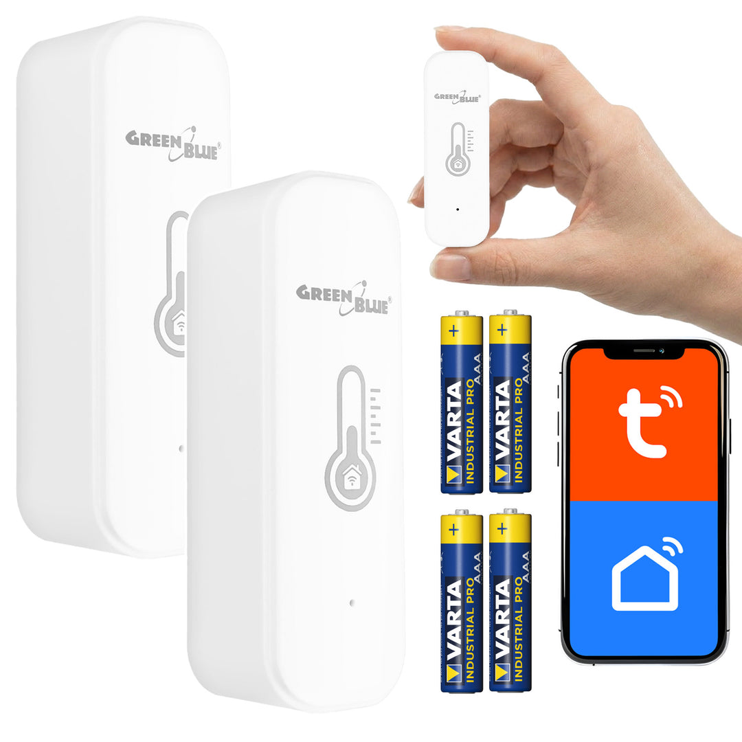 Czujnik temperatury i wilgotności WiFi GreenBlue, Android/iOS/Alexa/Google Home, 3.0V DC, LR03x2, GB737 2 sztuki + 4x bateria AAA alkaliczna Varta Industrial 4003