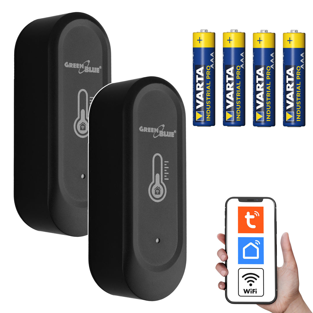 Zewnętrzny czujnik termperatury i wilgotności WiFi GreenBlue, Android/iOS, 3.0V DC, LR03x2, IP65, GB741 2 sztuki + 4x bateria AAA alkaliczna Varta Industrial 4003