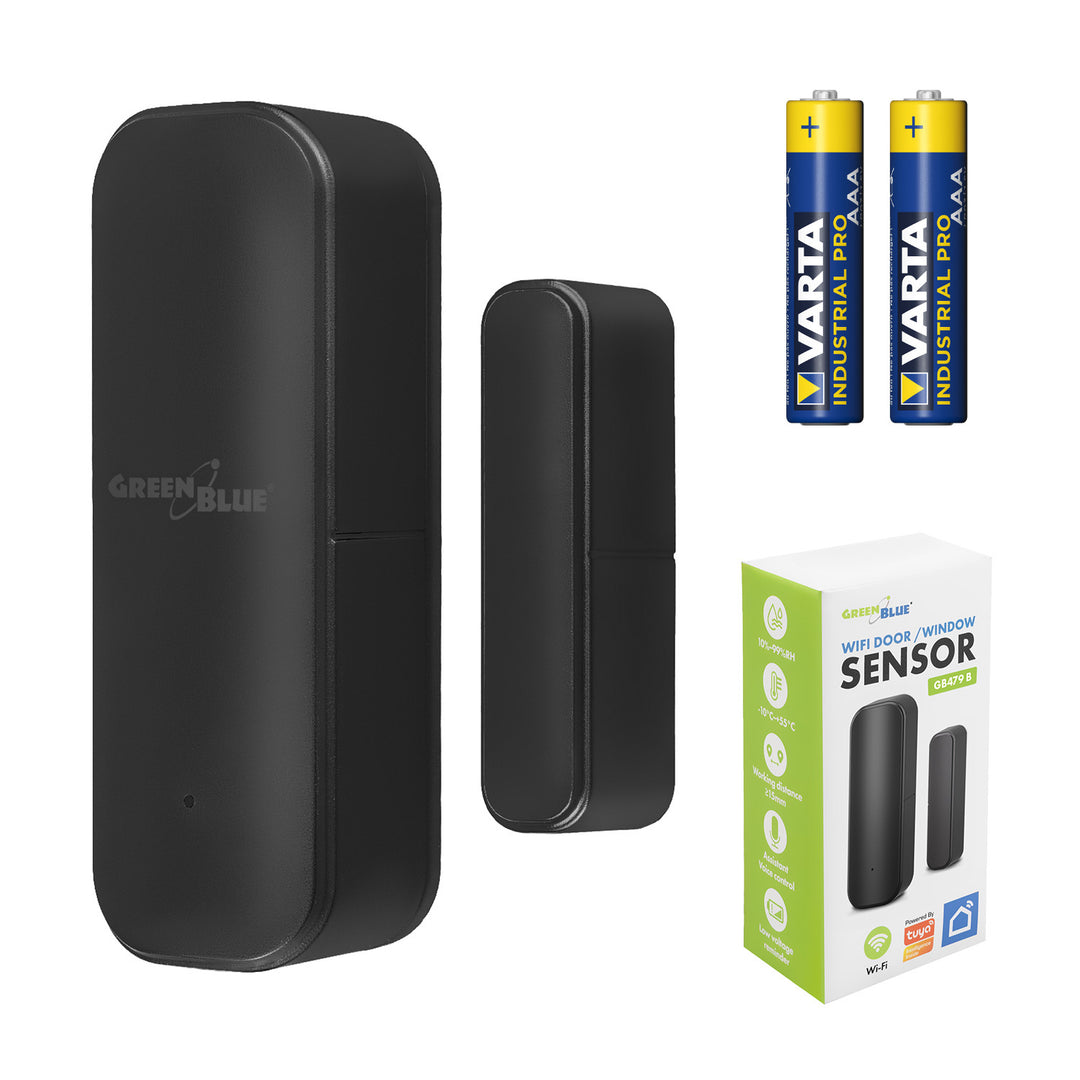 GB479 BBezprzewodowy kontraktron / czujnik otwarcia WiFi GreenBlue, Android/iOS, do drzwi / okien, 3.0V DC, LR03x2, GB479 B + 2x bateria R-03 LR03 AAA alkaliczna Varta Industrial 4003