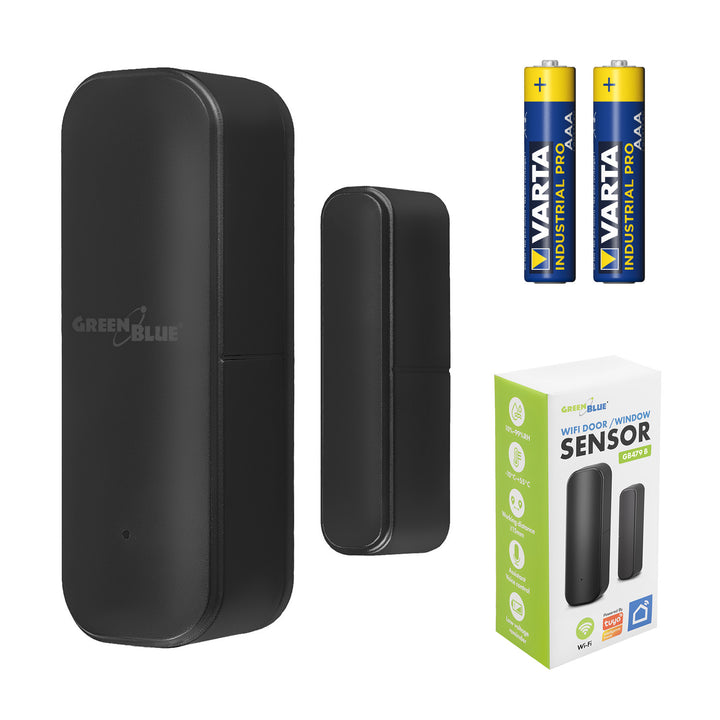 GB479 BBezprzewodowy kontraktron / czujnik otwarcia WiFi GreenBlue, Android/iOS, do drzwi / okien, 3.0V DC, LR03x2, GB479 B + 2x bateria R-03 LR03 AAA alkaliczna Varta Industrial 4003