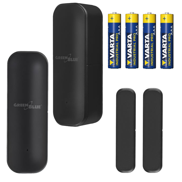 Bezprzewodowy kontraktron / czujnik otwarcia WiFi GreenBlue, Android/iOS, do drzwi / okien, 3.0V DC, LR03x2, GB479 B 2 sztuki + 4x bateria AAA alkaliczna Varta Industrial 4003