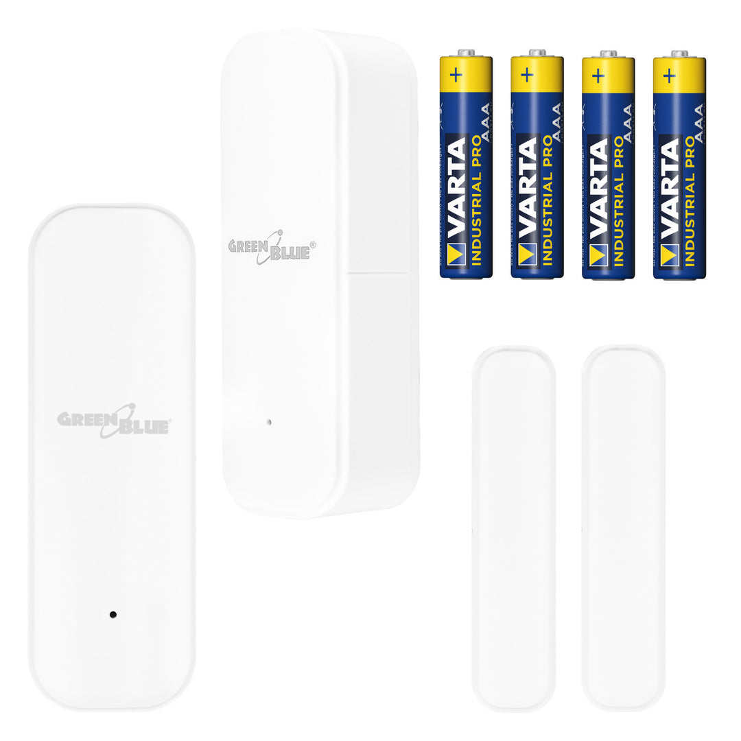 Bezprzewodowy kontraktron / czujnik otwarcia WiFi GreenBlue, Android/iOS, do drzwi / okien, 3.0V DC, LR03x2, GB479 W 2 sztuki  + 4x bateria AAA alkaliczna Varta Industrial 4003