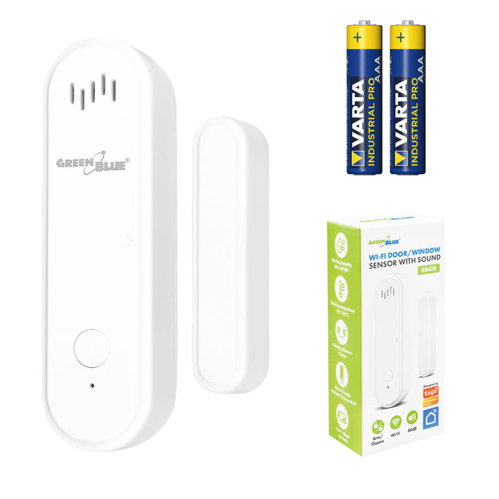 Bezprzewodowy kontraktron / czujnik otwarcia WiFi GreenBlue, Android/iOS, do drzwi / okien, 3.0V DC, LR03x2, z alarmem, GB478 + 2x bateria R-03 LR03 AAA alkaliczna Varta Industrial 4003