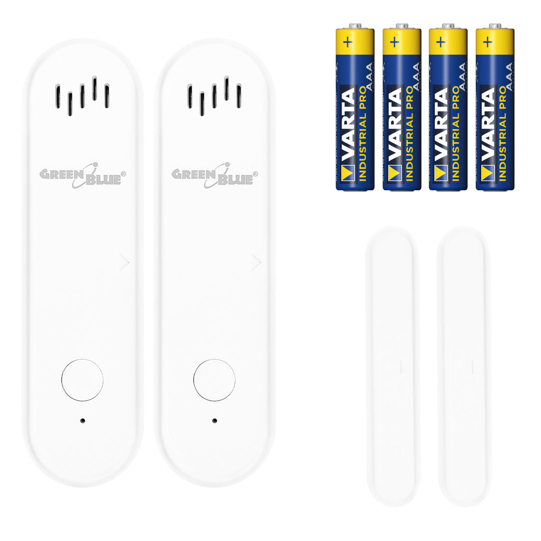 Bezprzewodowy kontraktron / czujnik otwarcia WiFi GreenBlue, Android/iOS, do drzwi / okien, 3.0V DC, LR03x2, z alarmem, GB478 2 sztuki + 4x bateria AAA alkaliczna Varta Industrial 4003