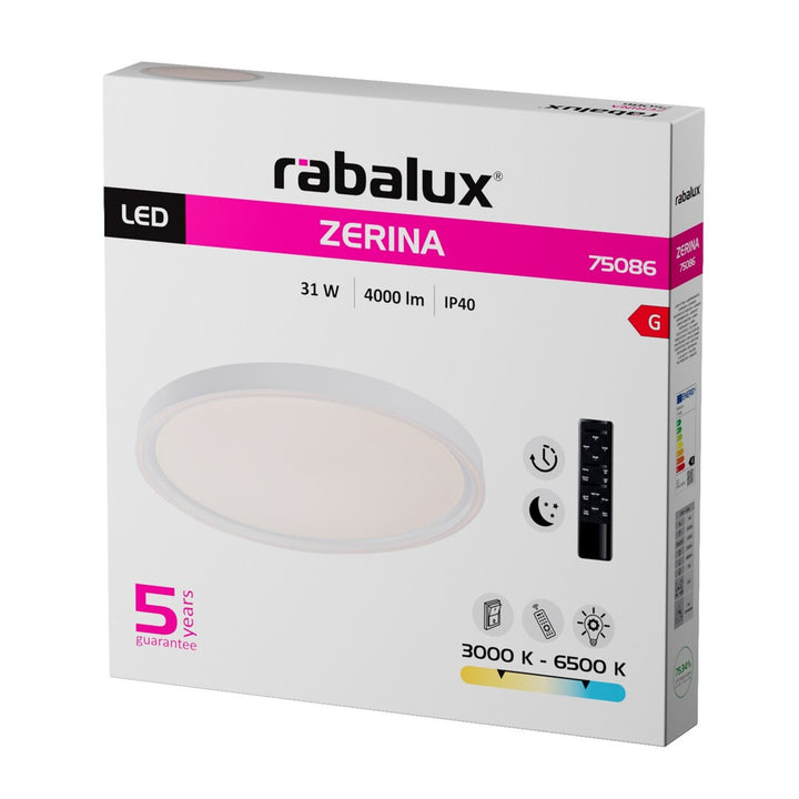 Lampa sufitowa Rabalux Zerina, 31W, IP40, biała, 3000-6500 K, funkcja pamięci, z pilotem, funkcja timera, efekt lampy nocnej, 75086