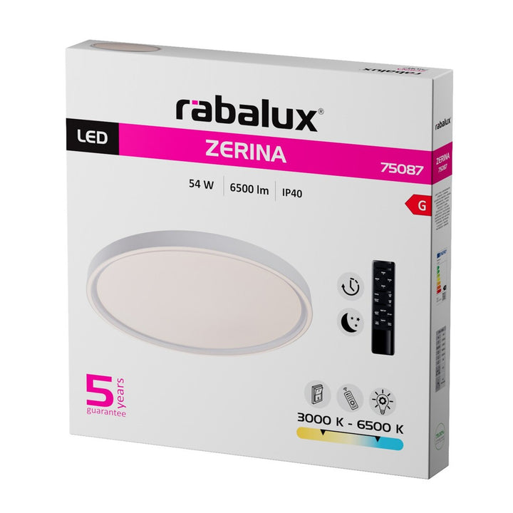 Lampa sufitowa Rabalux Zerina, 54W, IP40, biała, 3000-6500 K, funkcja pamięci, z pilotem, funkcja timera, efekt lampy nocnej, 75087