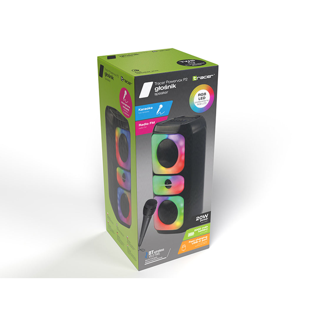 Głośnik bezprzewodowy Tracer, Bluetooth 5.0, moc RMS 20 W, tryb karaoke, mikrofon, Powervox P2 TWS