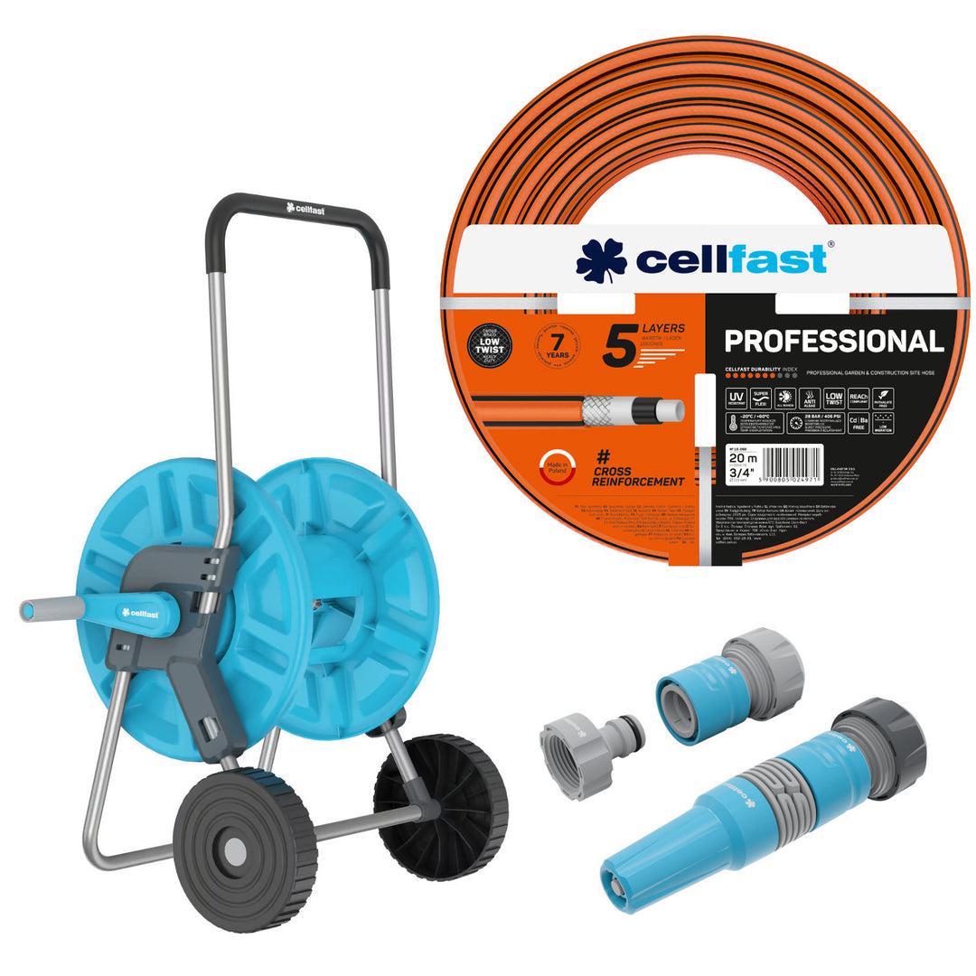 Wąż ogrodowy Cellfast, PROFESSIONAL 3/4" 20 m + Wózek na wąż Cellfast Aluplus 1/2" 60m + Zestaw ze zraszaczem prostym 3/4" IDEAL