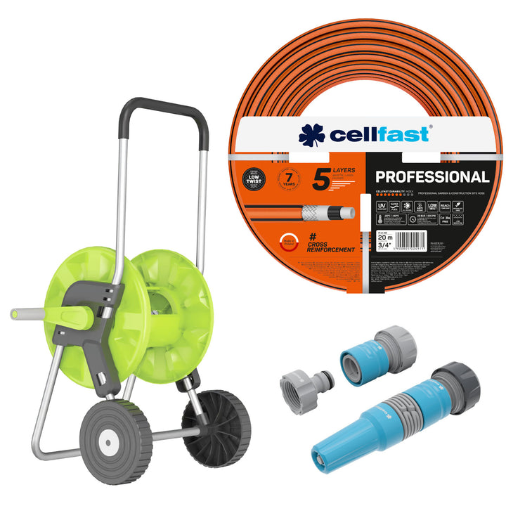 Wąż ogrodowy Cellfast, PROFESSIONAL 3/4" 20 m + Wózek na wąż Cellfast Economic 1/2" 45m + Zestaw ze zraszaczem prostym 3/4" IDEAL