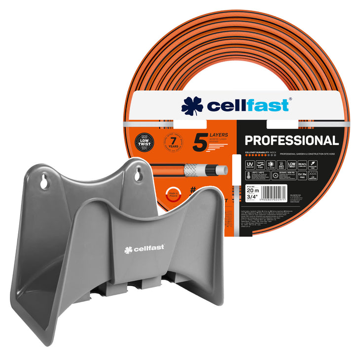 Wąż ogrodowy Cellfast, PROFESSIONAL 3/4" 20 m + wieszak na wąż Cellfast szary