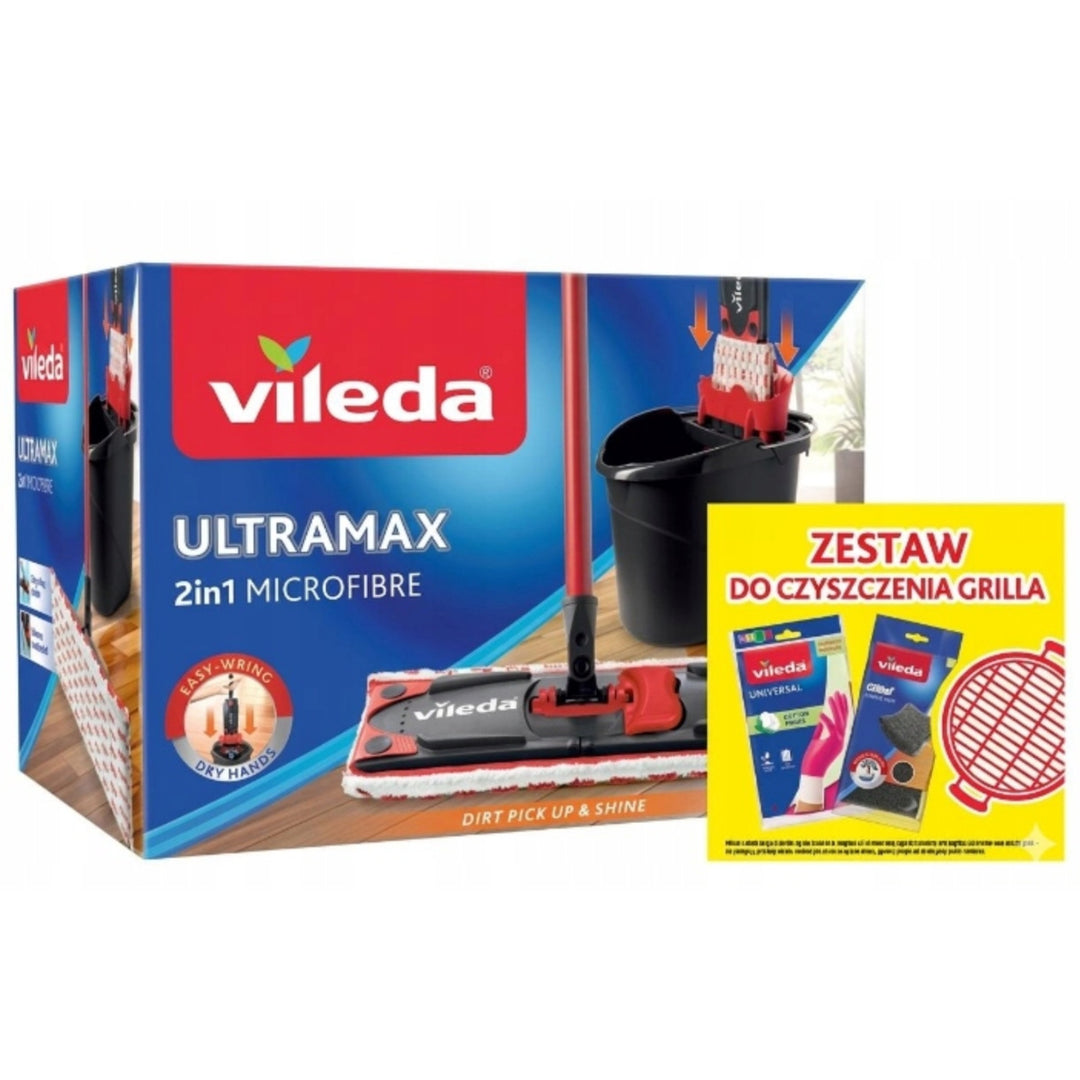 Zestaw mop płaski Ultramax + rękawice Universal + zmywak Glitzi 2 szt. Vileda, Bezdotykowy system odsączania, Dwa rodzaje włókien, 177453