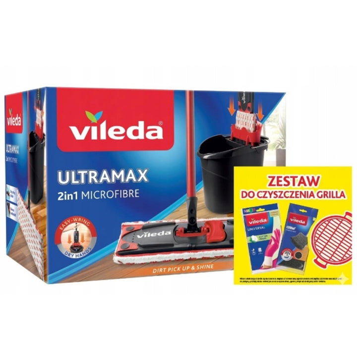 Zestaw mop płaski Ultramax + rękawice Universal + zmywak Glitzi 2 szt. Vileda, Bezdotykowy system odsączania, Dwa rodzaje włókien, 177453