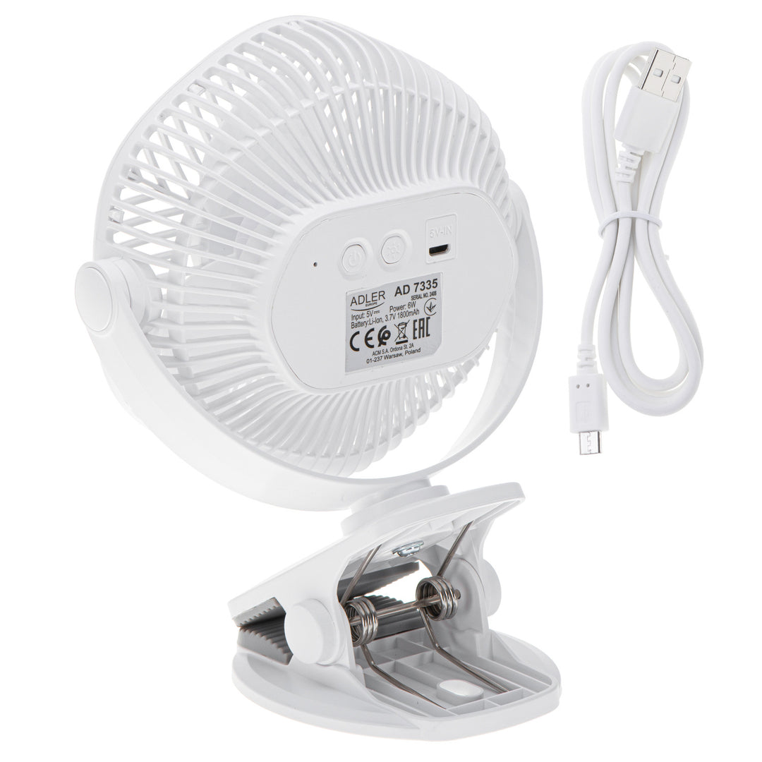 Wentylator akumulatorowy 5"/12,7cm z klipsem - USB / LED, AD 7335, Adler