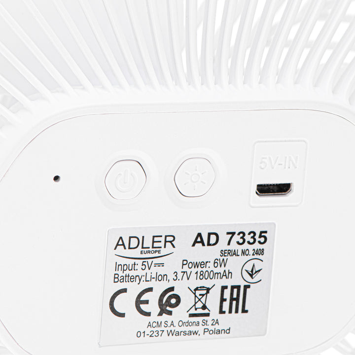 Wentylator akumulatorowy 5"/12,7cm z klipsem - USB / LED, AD 7335, Adler