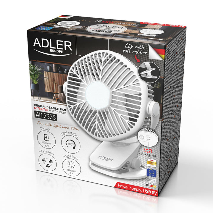 Wentylator akumulatorowy 5"/12,7cm z klipsem - USB / LED, AD 7335, Adler