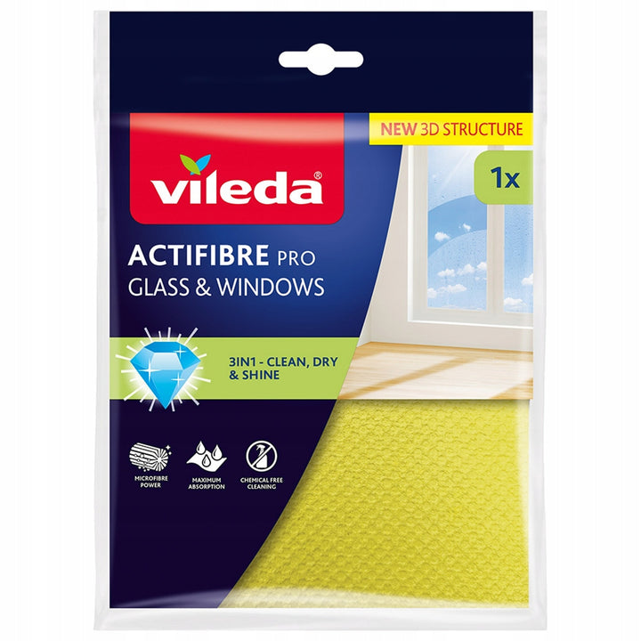 Ściereczka Vileda Actifibre Pro do szkła i okien, możliwość prania w pralce, powłoka PVA, bez smug i zacieków, czyści samą wodą, 183298