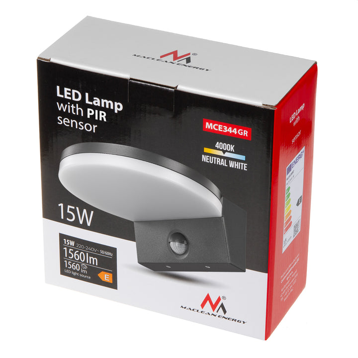 Lampa LED z czujnikiem ruchu Maclean, czujnik ruchu PIR, kolor szary, 15W, IP65, 1560lm, barwa neutralna biała (4000K) MCE344 GR, 2 sztuki
