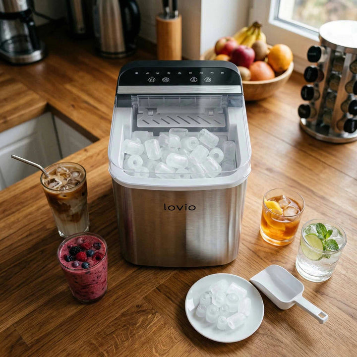Kostkarka do lodu domowa Lovio Crystal Ice Plus, stalowa, srebrna, ekspresowy lód