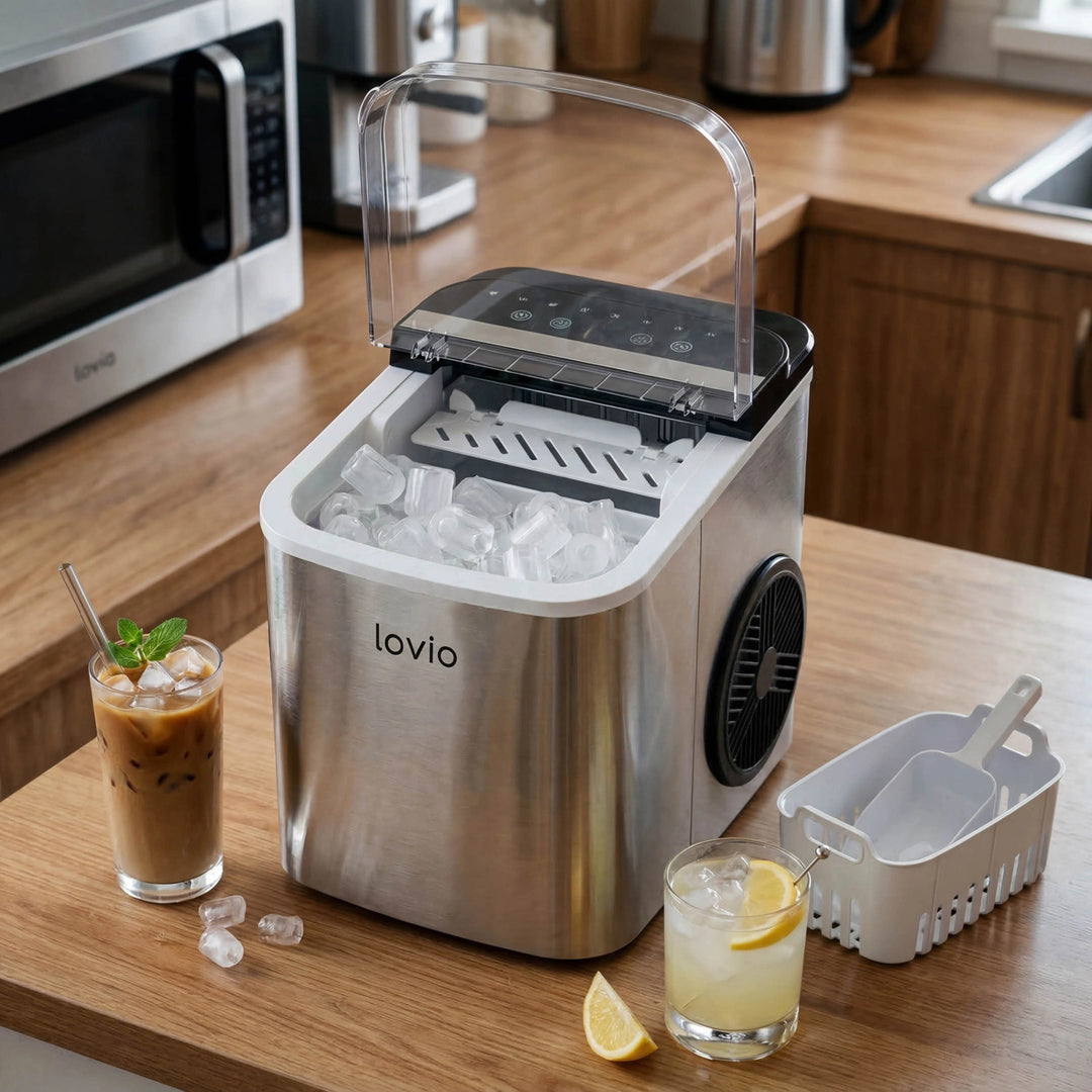 Kostkarka do lodu domowa Lovio Crystal Ice Plus, stalowa, srebrna, ekspresowy lód