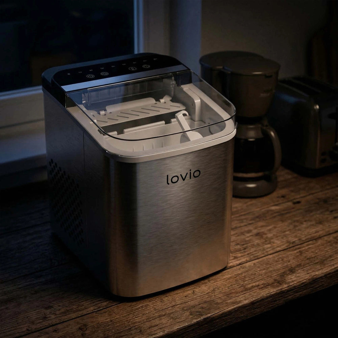 Kostkarka do lodu domowa Lovio Crystal Ice Plus, stalowa, srebrna, ekspresowy lód