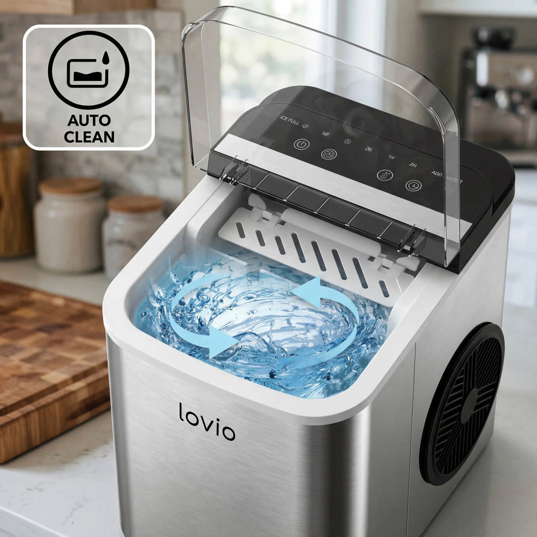 Kostkarka do lodu domowa Lovio Crystal Ice Plus, stalowa, srebrna, ekspresowy lód