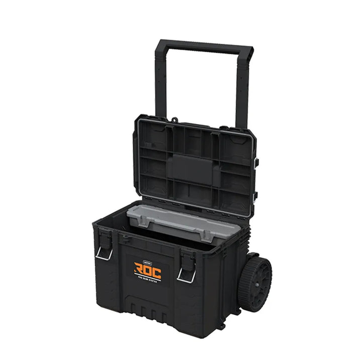 Zestaw 3 skrzyń narzędziowych Keter ROC Pro Gear 2.0, łączna pojemność 110L, ochrona IP65, demontowana teleskopowa rączka, możliwość zamknięcia na kłódkę, 256982
