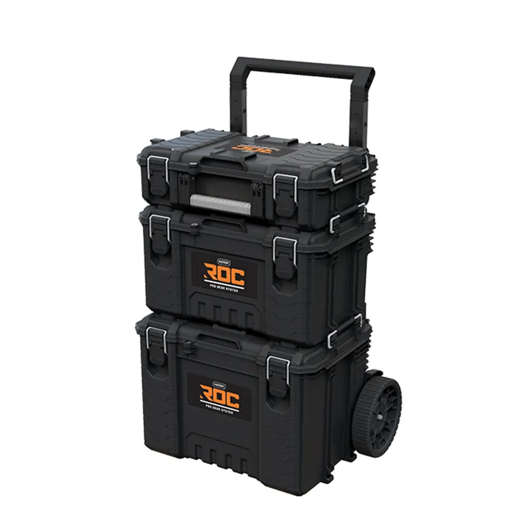 Zestaw 3 skrzyń narzędziowych Keter ROC Pro Gear 2.0, łączna pojemność 110L, ochrona IP65, demontowana teleskopowa rączka, możliwość zamknięcia na kłódkę, 256982