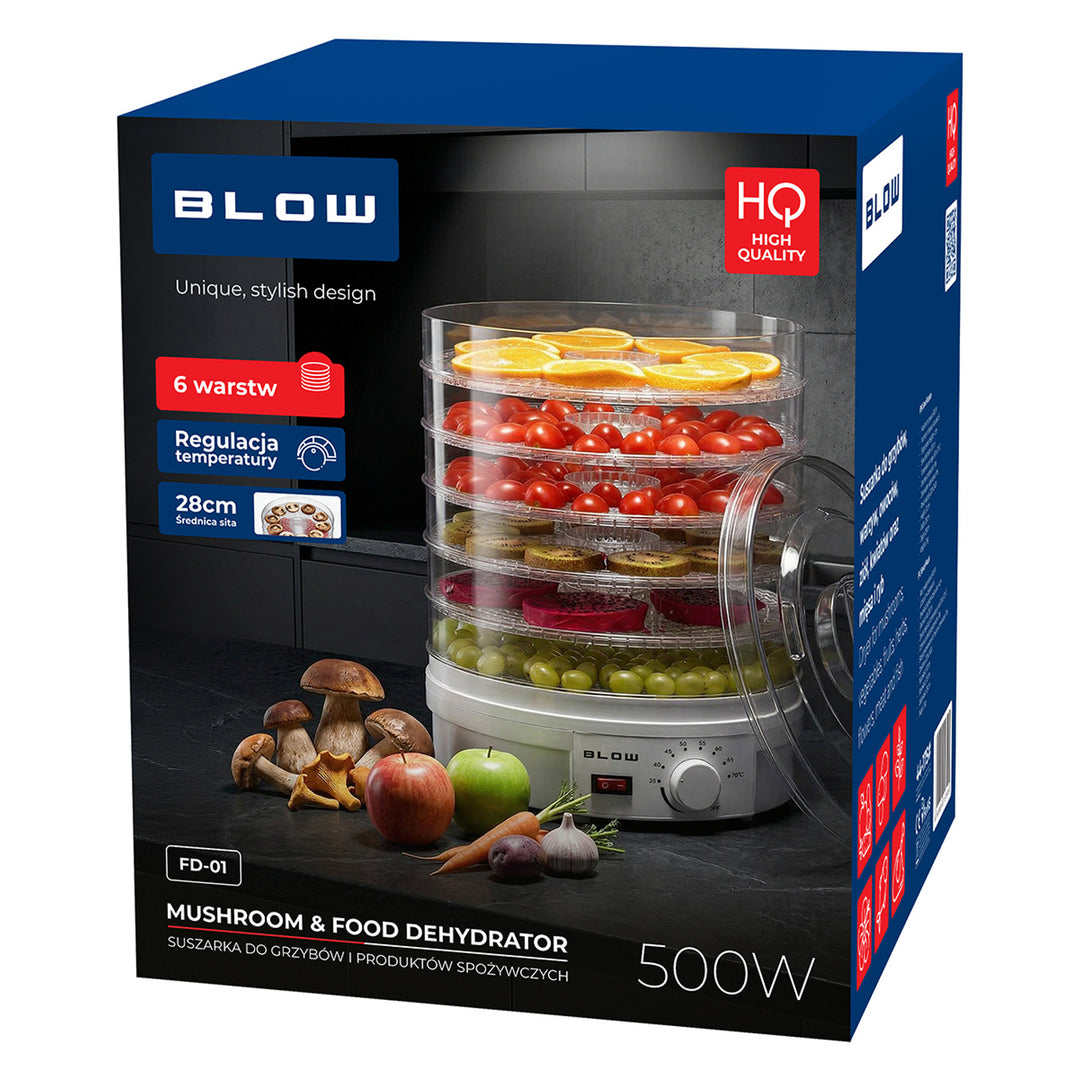 Suszarka do grzybów, warzyw i owoców Blow, moc 500W, 6 sit w zestawie, regulacja temperatury 35-75°C, 44-175