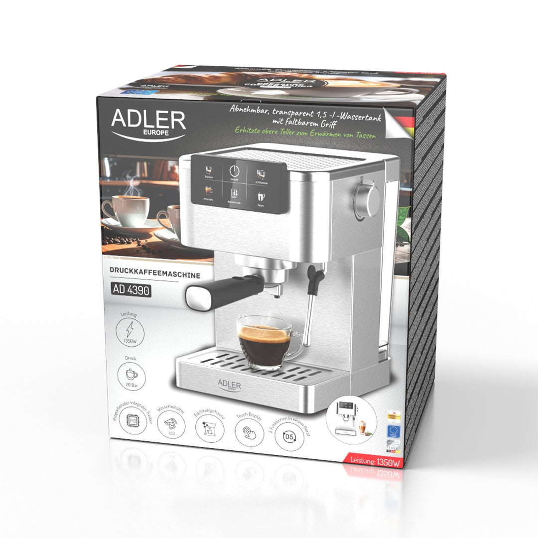 Ekspres do kawy 20 bar, Thermoblock, spieniacz mleka, 5-w-1, Adler AD 4390