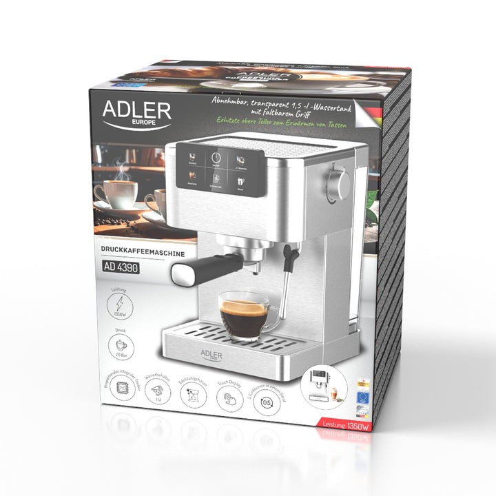 Ekspres do kawy 20 bar, Thermoblock, spieniacz mleka, 5-w-1, Adler AD 4390