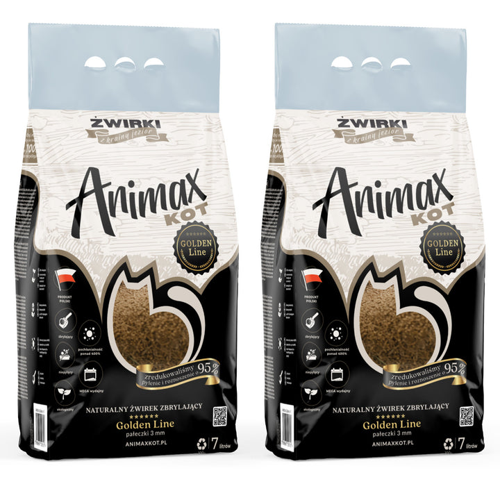 Żwirek zbrylający, Animax Golden line 3mm, male wałeczki, 2x worek 7L