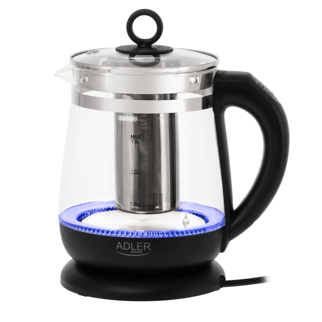 Czajnik szklany 1,5 L z zaparzaczem i regulacją temperatury 2200W LED 60–100°C Adler AD 1299 black