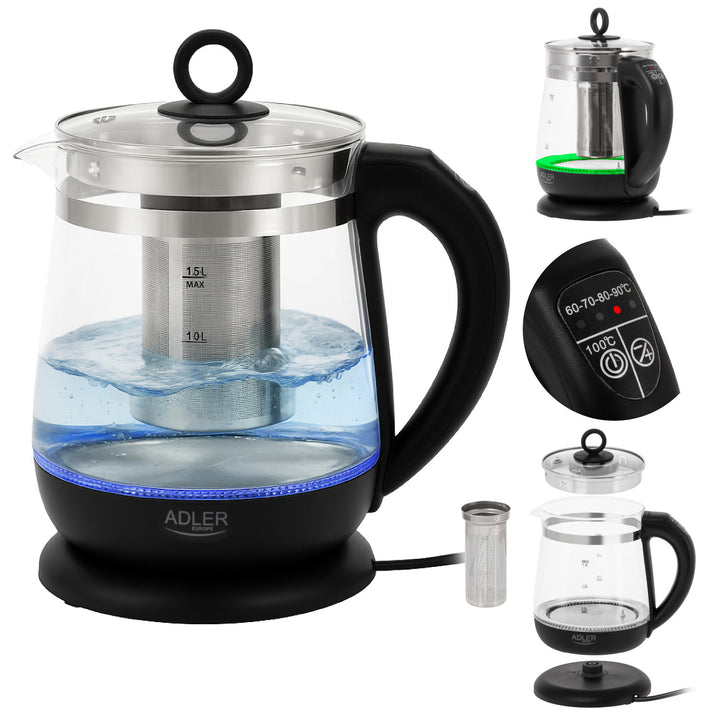 Czajnik szklany 1,5 L z zaparzaczem i regulacją temperatury 2200W LED 60–100°C Adler AD 1299 black