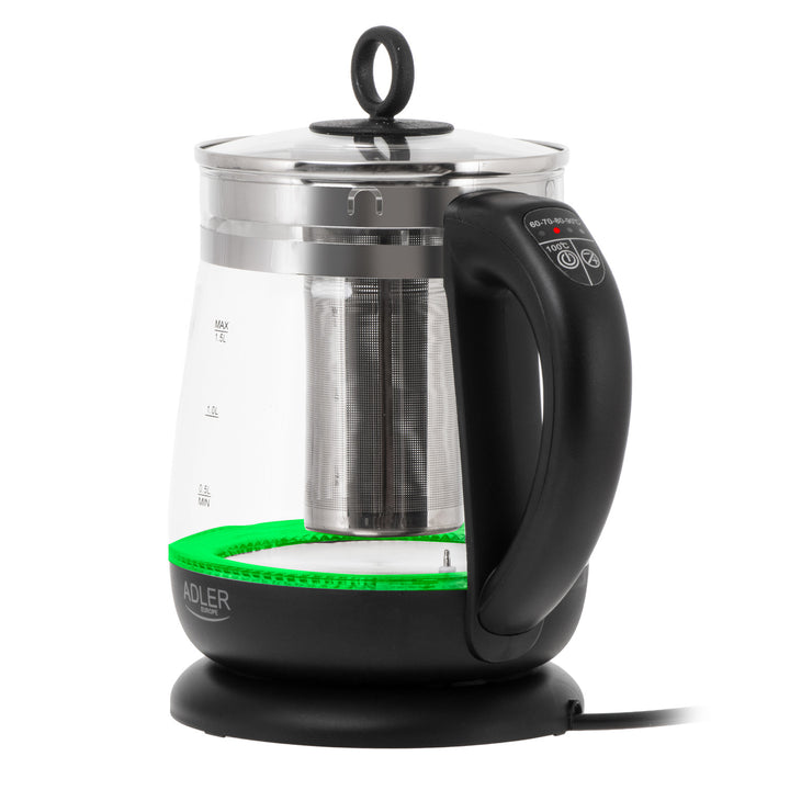 Czajnik szklany 1,5 L z zaparzaczem i regulacją temperatury 2200W LED 60–100°C Adler AD 1299 black