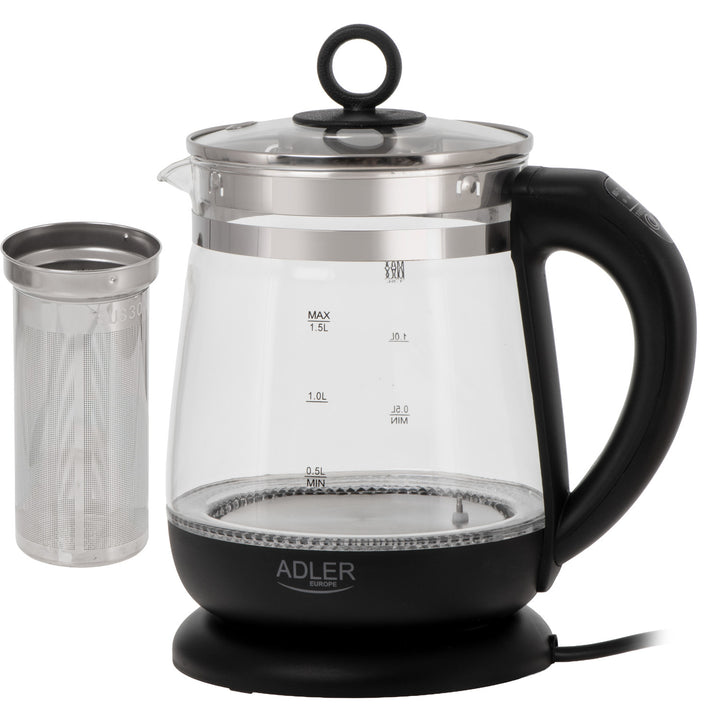 Czajnik szklany 1,5 L z zaparzaczem i regulacją temperatury 2200W LED 60–100°C Adler AD 1299 black