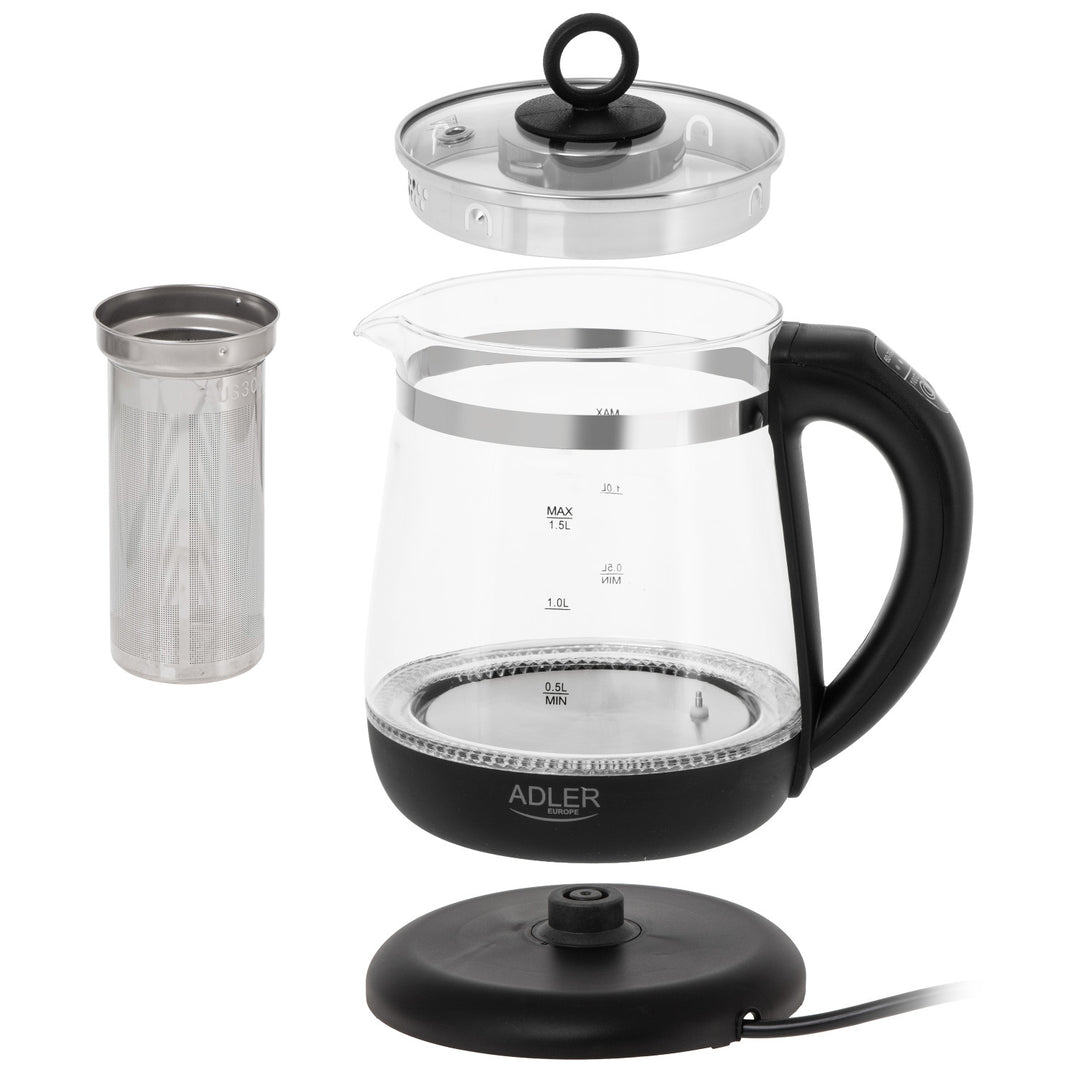 Czajnik szklany 1,5 L z zaparzaczem i regulacją temperatury 2200W LED 60–100°C Adler AD 1299 black