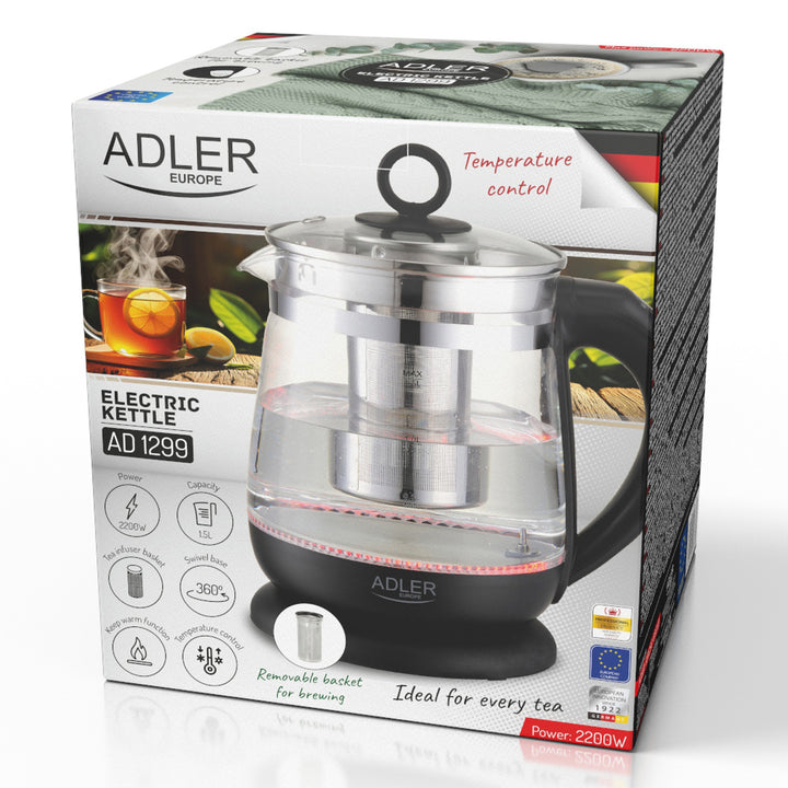 Czajnik szklany 1,5 L z zaparzaczem i regulacją temperatury 2200W LED 60–100°C Adler AD 1299 black