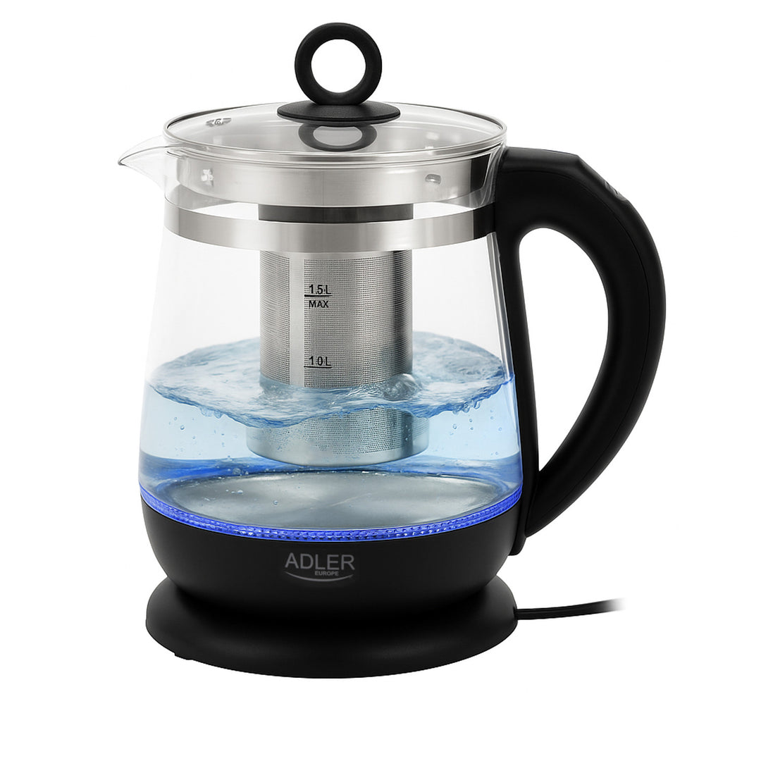 Czajnik szklany 1,5 L z zaparzaczem i regulacją temperatury 2200W LED 60–100°C Adler AD 1299 black